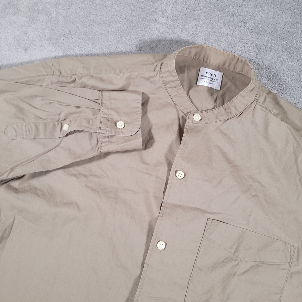 Coen Shirt Mens Medium‎ Olive Green Long Sleeve Band Collar Japan 100% Cotton
